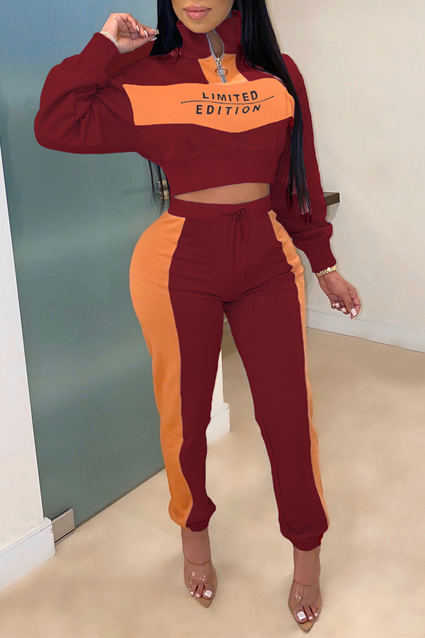 

Lovely Casual Patchwork Wine Red Two-piece Pants Set