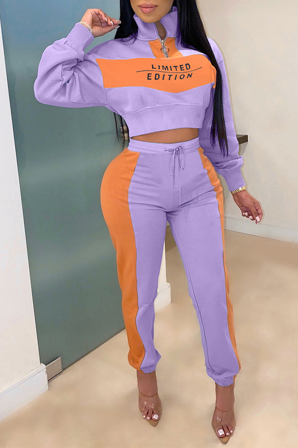 

Lovely Casual Patchwork Purple Two-piece Pants Set