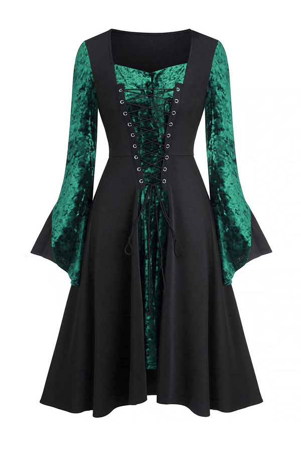 

Lovely Christmas Day V Neck Patchwork Green Knee Length Dress