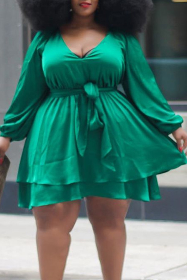 

Lovely Leisure V Neck Green Plus Size Mini Dress