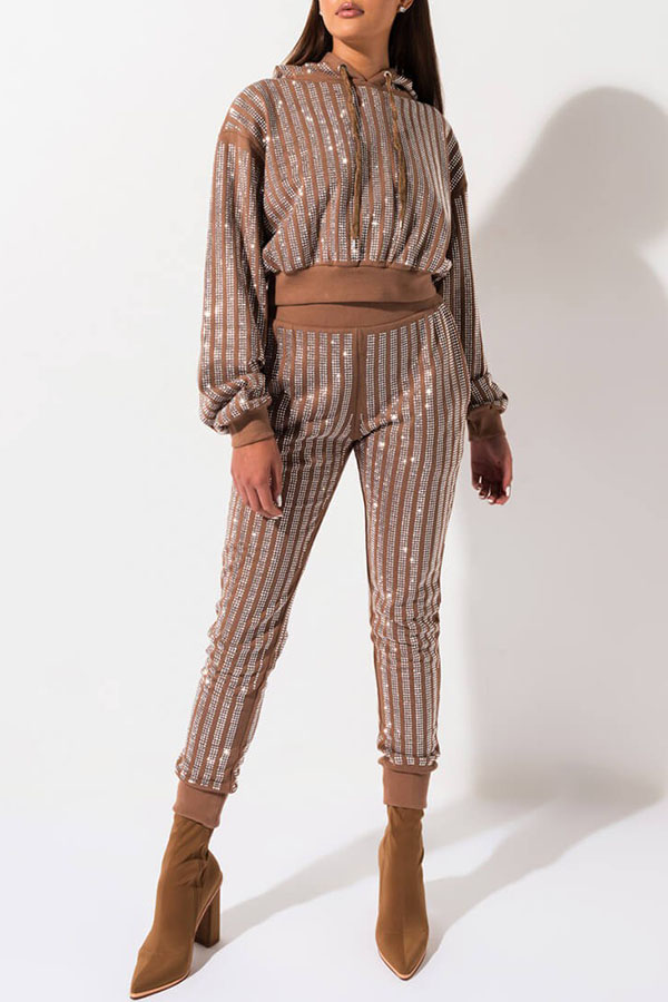 

Lovely Trendy Sequined Brown Two-piece Pants Set
