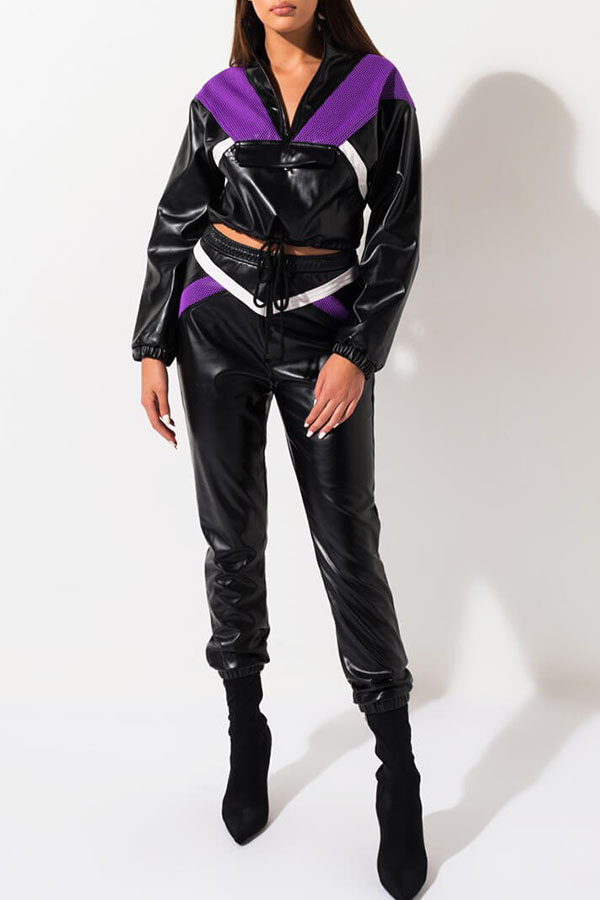 

Lovely Casual Patchwork Black Two-piece Pants Set