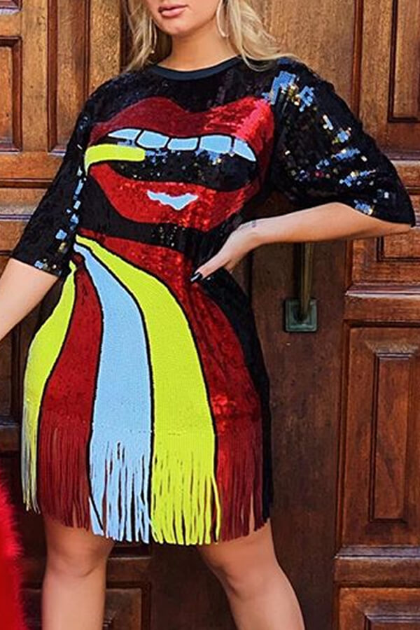 Lovely Casual O Neck Tassel Design Multicolor Knee Length Dress