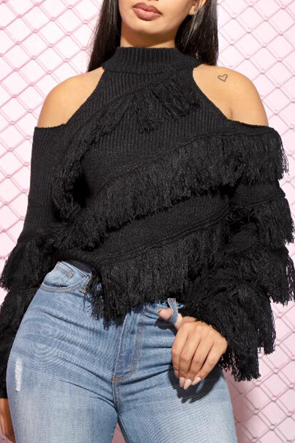 Lovely Casual Dew Shoulder Black Sweater