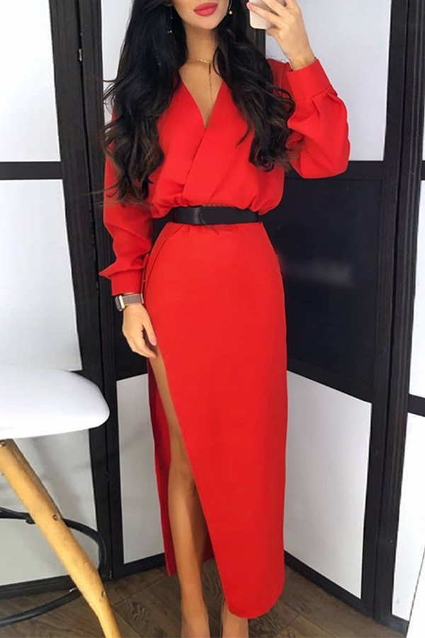 Cheap Dress Lovely Chic Side High Slit Red Ankle Length Dress