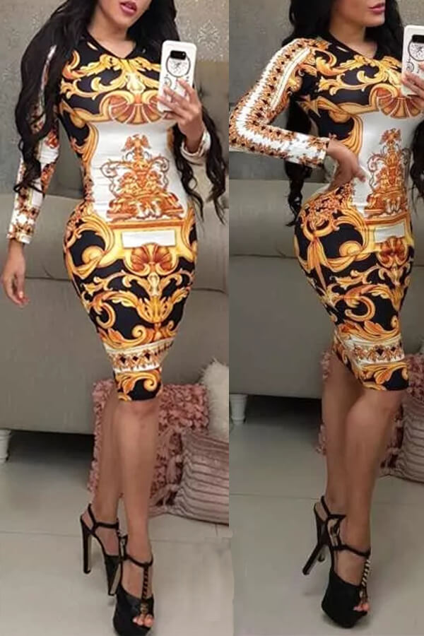 

Lovely Casual Printed Skinny Gold Knee Length Dress