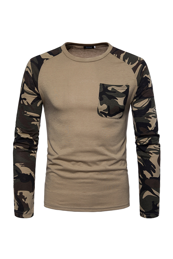 

Lovely Casual Patchwork Khaki T-shirt