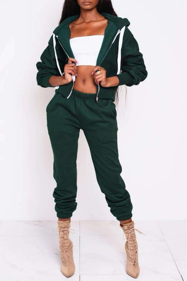 

Lovely Casual Hooded Collar Blackish Green Two-piece Pants Set, Black green