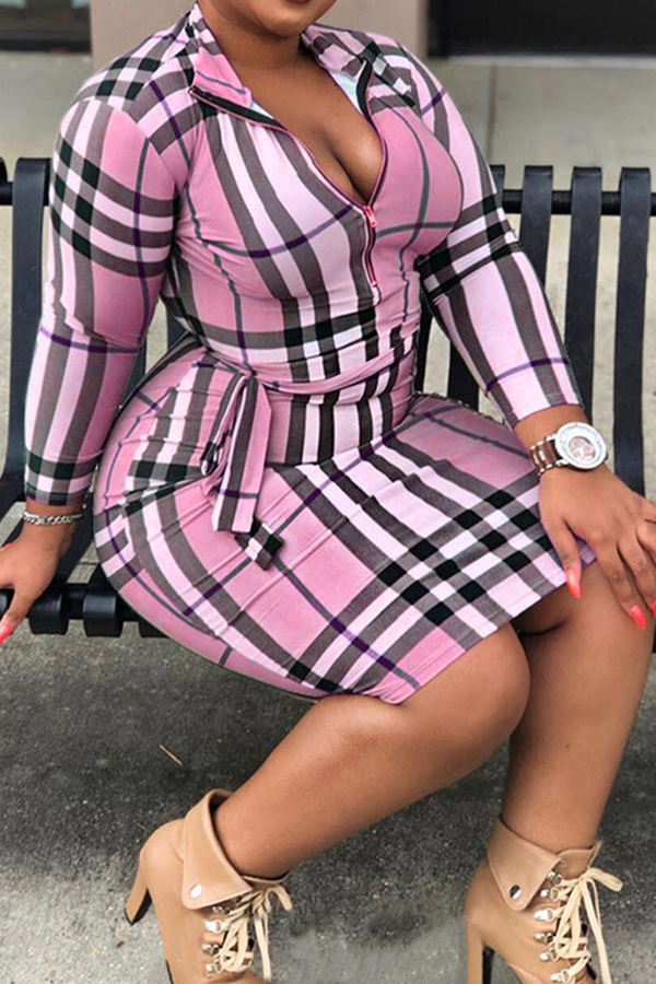 Cheap Plus Size Dress Lovely Casual Plaid Printed Pink Plus Size Mini