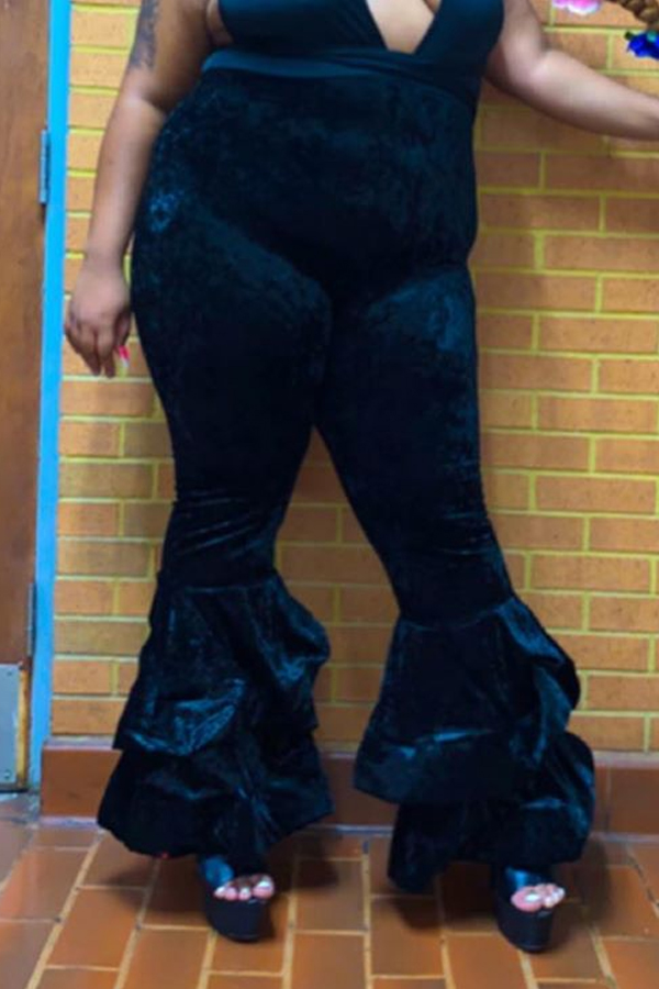 

Lovely Casual Flounce Design Black Plus Size Pants