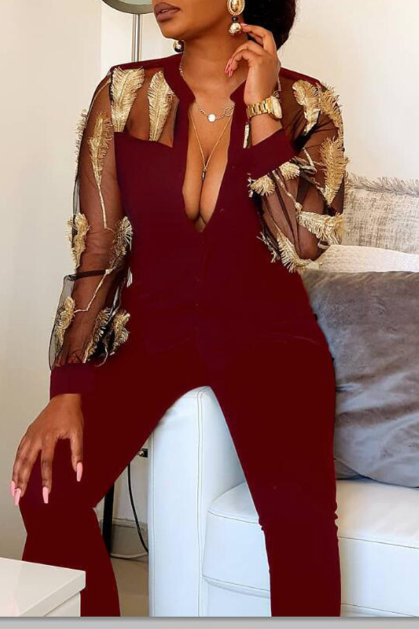 Cheap Jumpsuit Lovely Trendy See-through Patchwork Wine Red One-piece