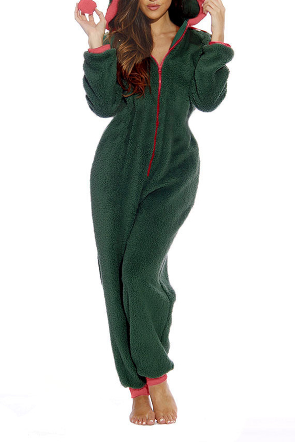 

Lovely Christmas Day Hooded Collar Green One-piece Jumpsuit