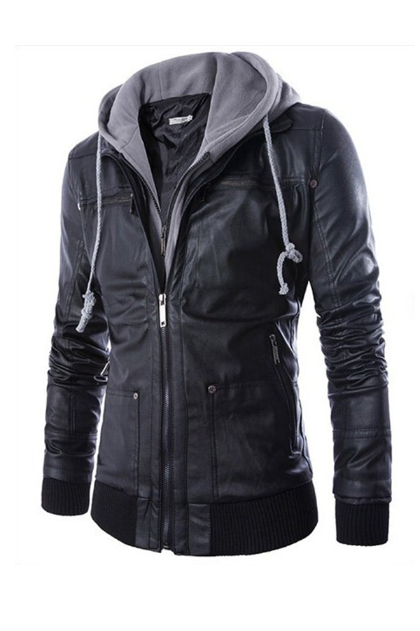 Cheap Leather&Suede Lovely Casual Hooded Collar Patchwork Black Leathe