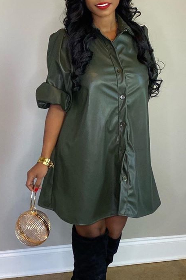 Cheap Dress Lovely Casual Turndown Collar Army Green Mini Dress