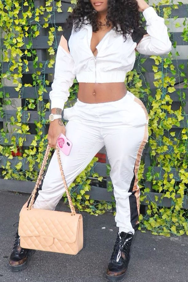 

Lovely Casual Patchwork White Two-piece Pants Set