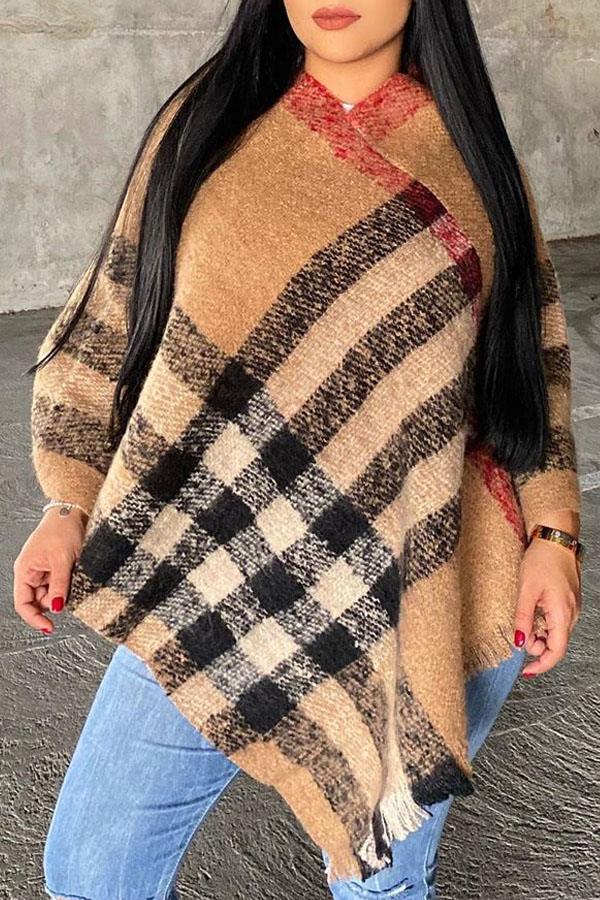 

Lovely asual Mandarin Collar Plaid Printed Brown Sweater