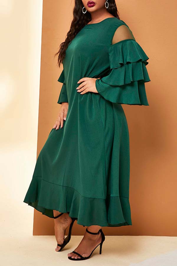 Cheap Plus Size Dress Lovely Casual Flounce Patchwork Green Ankle Leng