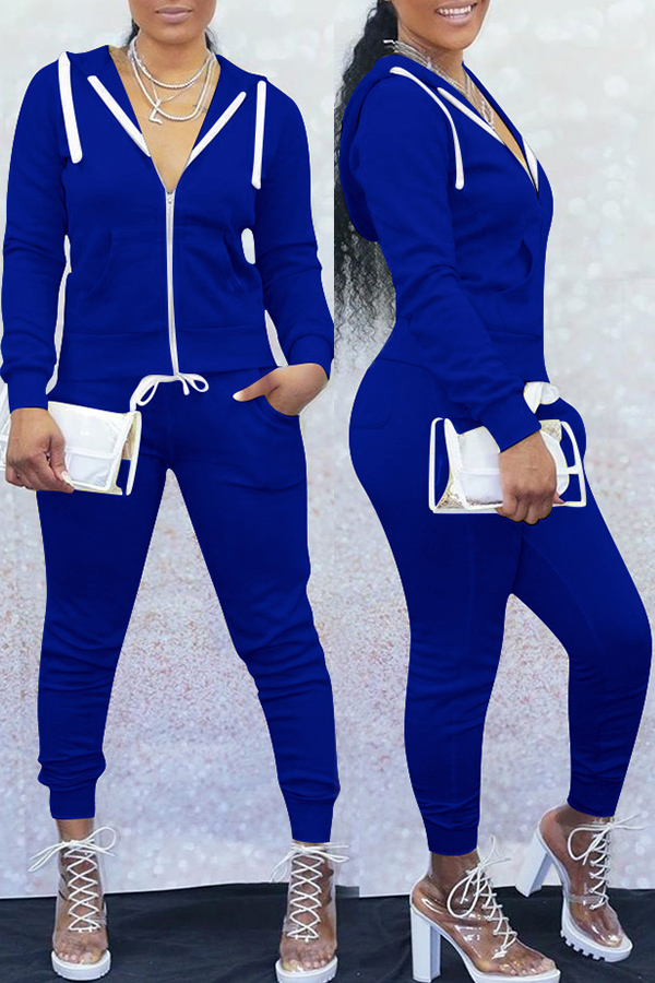 

Lovely Trendy Hooded Collar Blue Two-piece Pants Set