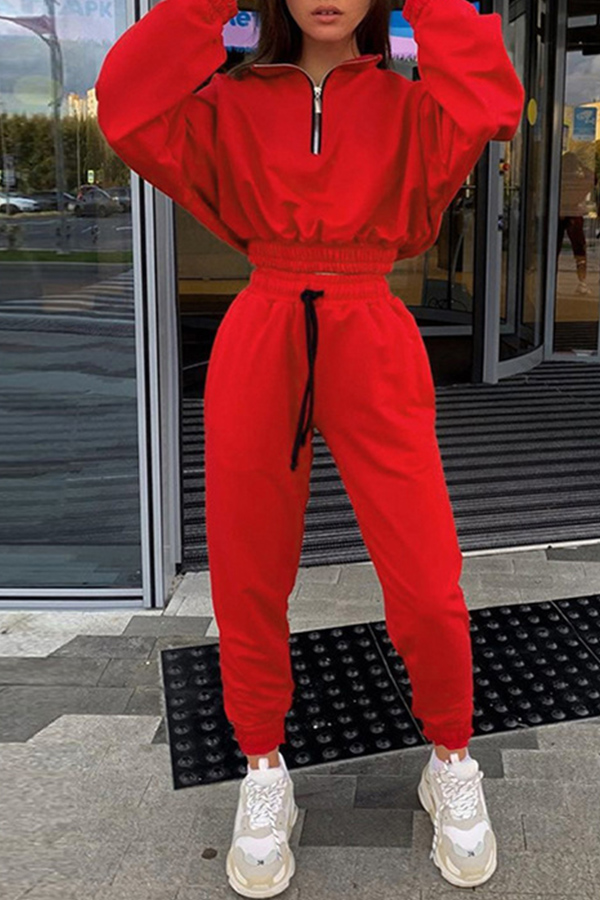 

Lovely Casual Zipper Design Red Two-piece Pants Set