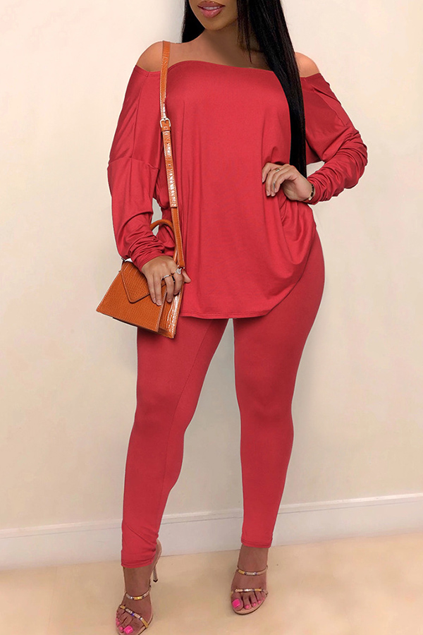 

Lovely Casual Dew Shoulder Red Two-piece Pants Set