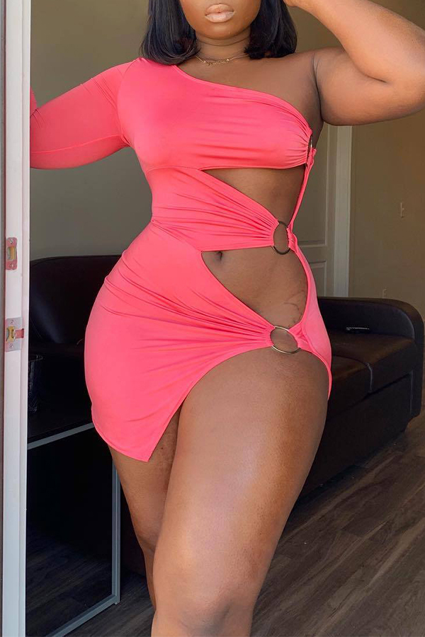 

Lovely Sexy One Shoulder Hollow-out Pink Mini Dress