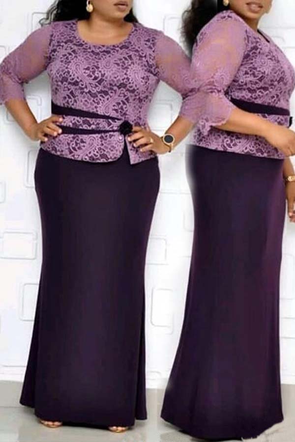 

Lovely Casual Patchwork Purple Floor Length Plus Size Dress