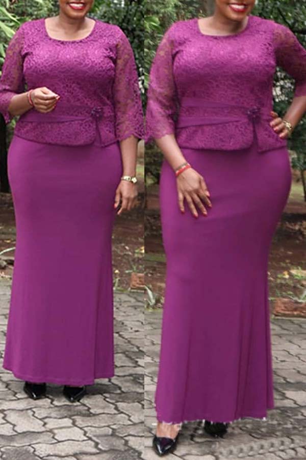 

Lovely Casual Patchwork Wine Red Floor Length Plus Size Dress