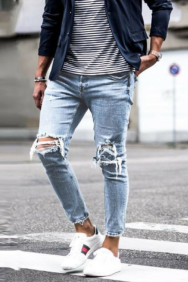 

Lovely Casual Hollow-out Baby Blue Jeans