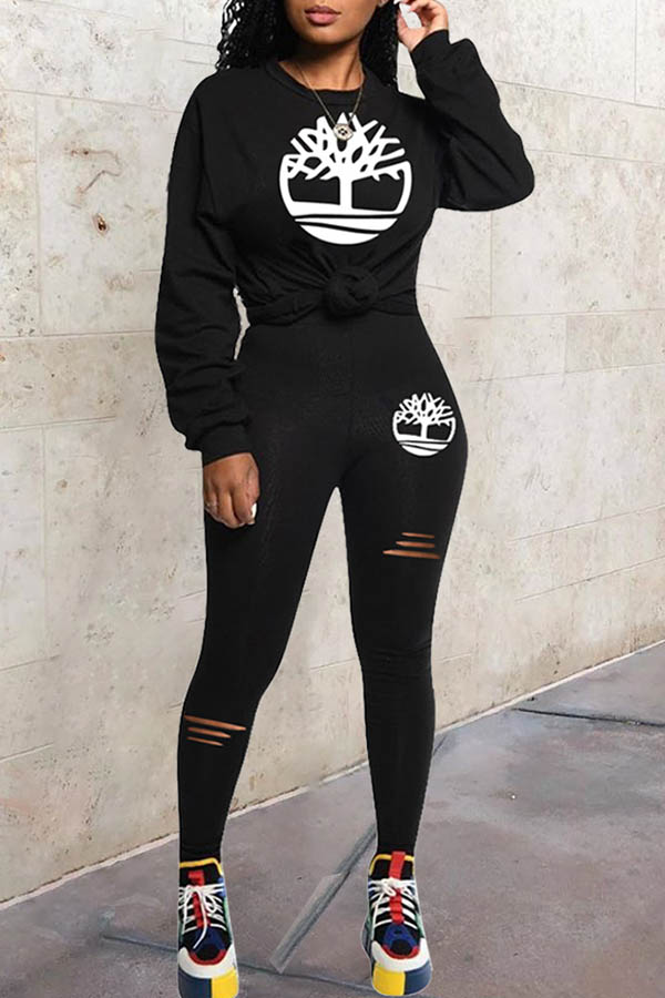 

Lovely Leisure O Neck Printed Black Two-piece Pants Set