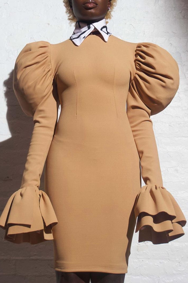 

Lovely Trendy Ruffle Design Khaki Knee Length Dress