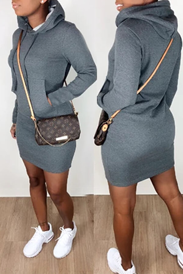 

Lovely Casual Hooded Collar Grey Mini Dress