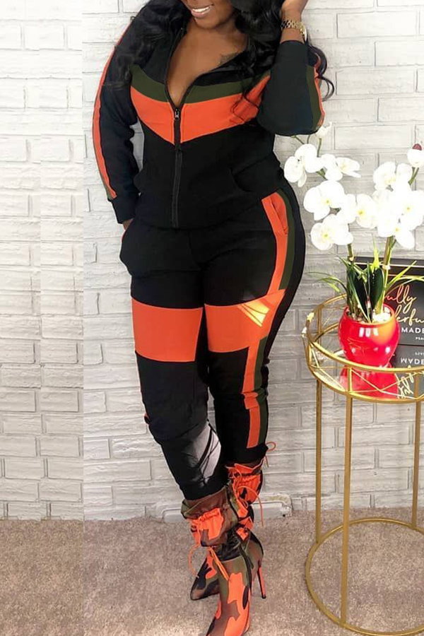 

Lovely Trendy Color-lump Patchwork Jacinth Two-piece Pants Set