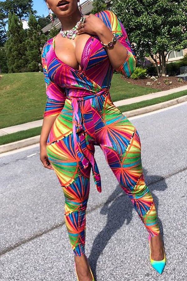 

Lovely Leisure V Neck Printed Multicolor One-piece Jumpsuit, Multi