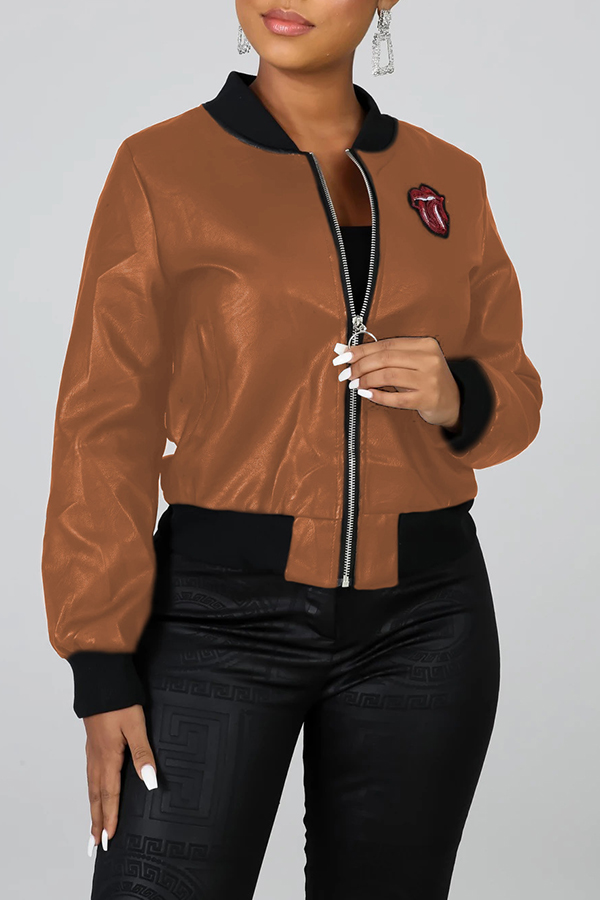 

Lovely Casual Zipper Design Brown Coat