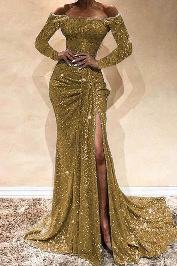 

Lovely Party Side High Slit Gold Trailing Evening Dress