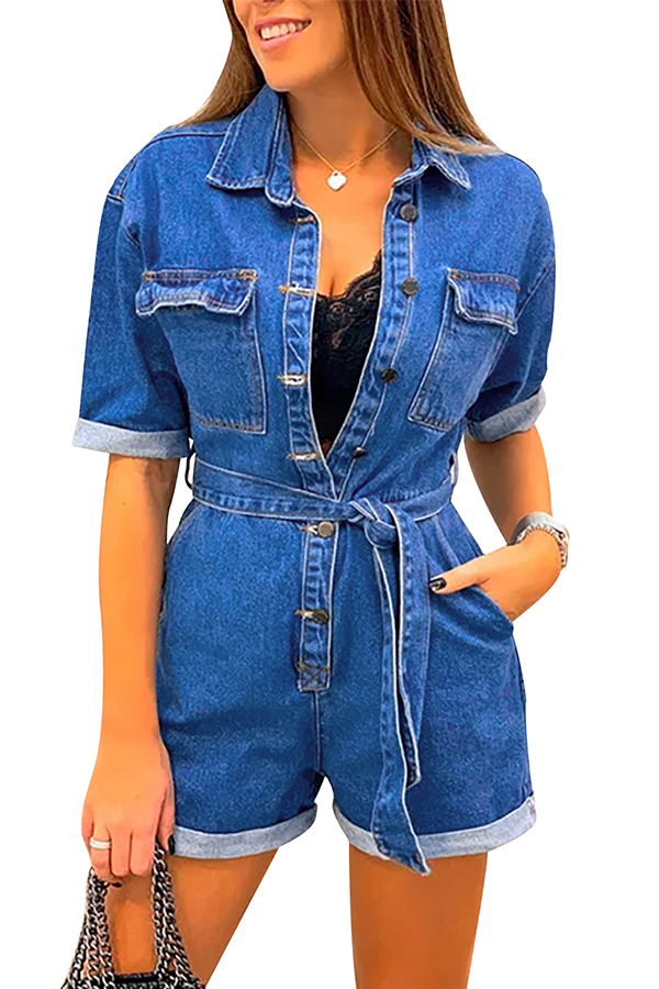 

Lovely Casual Buttons Design Baby Blue One-piece Romper