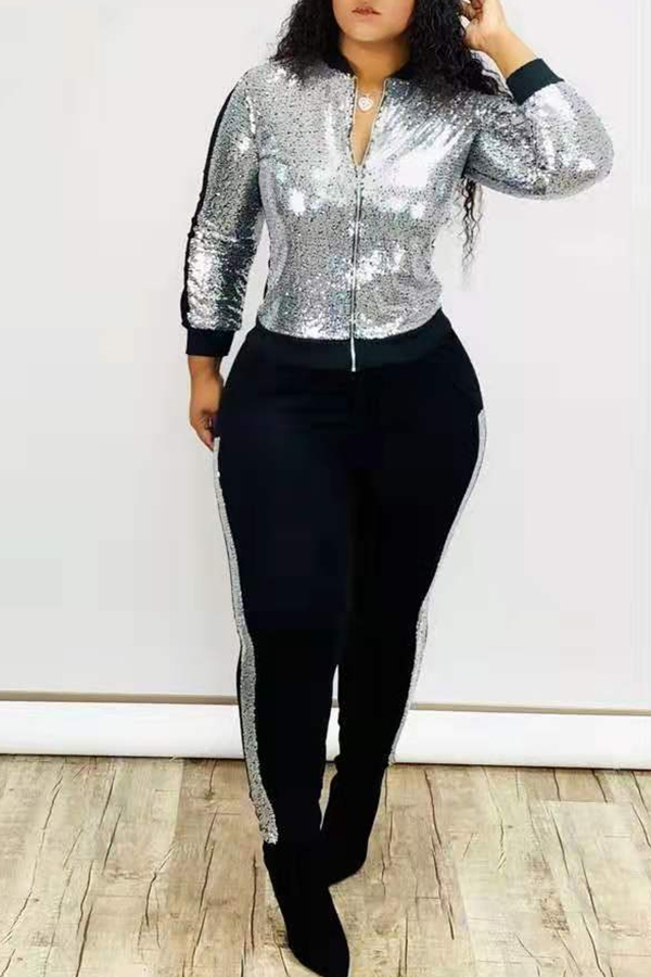 Lovely Casual Patchwork Silver Two-piece Pants Set