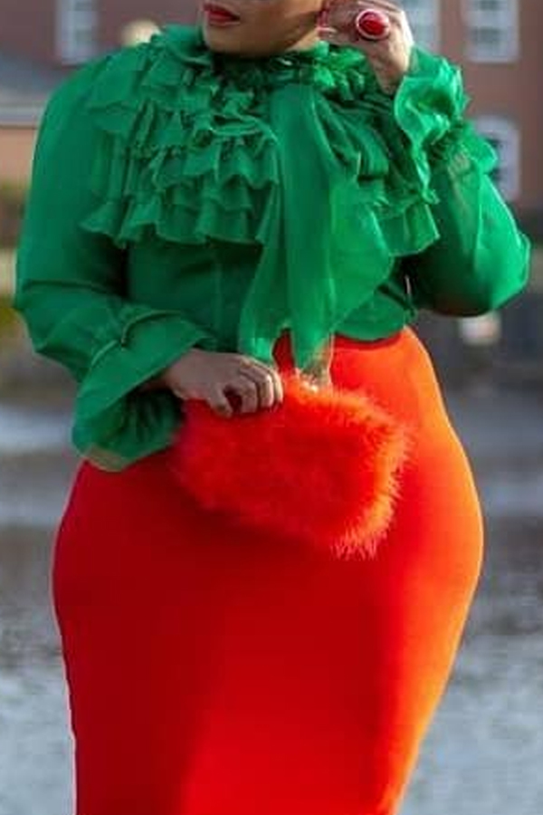 

Lovely Casual Flounce Design Green Plus Size Blouse