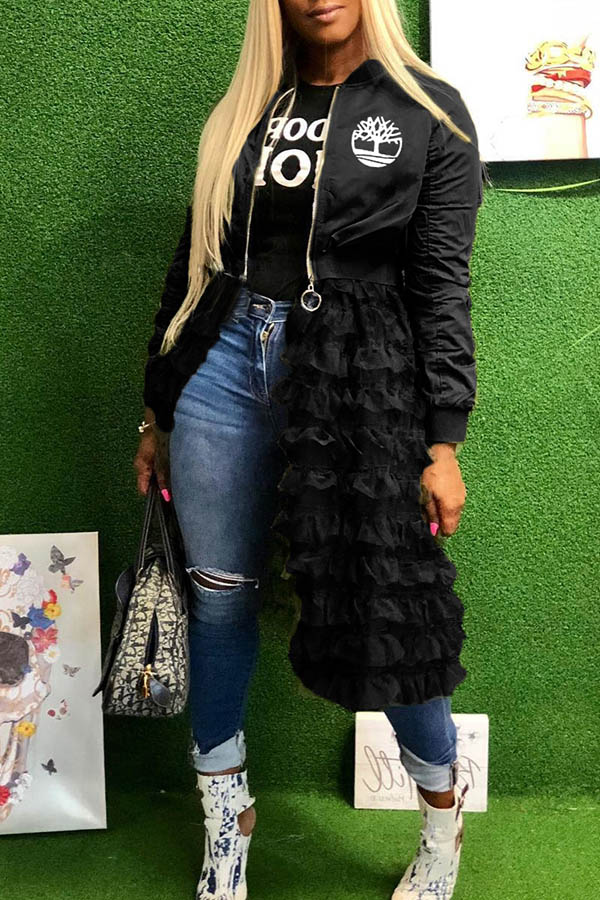 

Lovely Casual Ruffle Design Black Coat