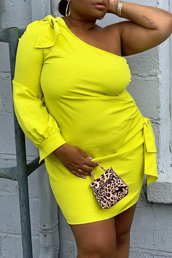 

Lovely Casual One Shoulder Yellow Mini Dress