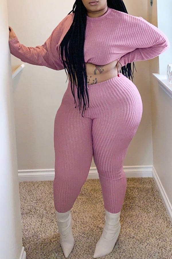 Lovely Casual Basic Crop Top Pink Plus Size Two-piece Pants Set