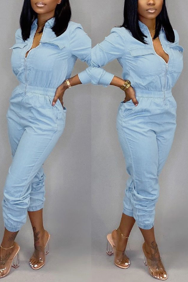 Lovely Casual Zipper Design Baby Blue One-piece Jumpsuit