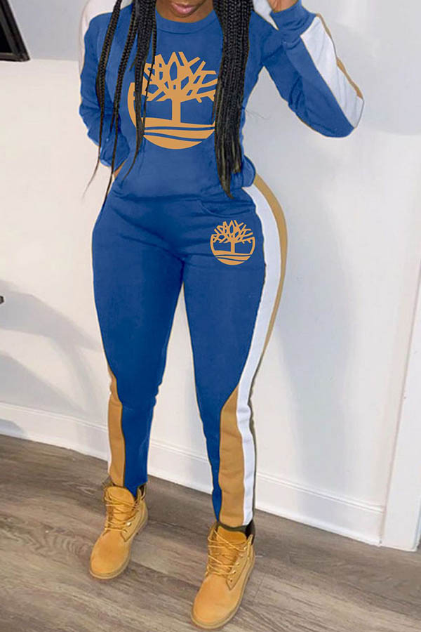 

Lovely Casual Hooded Collar Printed Blue Two-piece Pants Set
