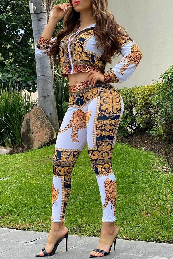 

Lovely Casual Mandarin Collar Printed White Two-piece Pants Set