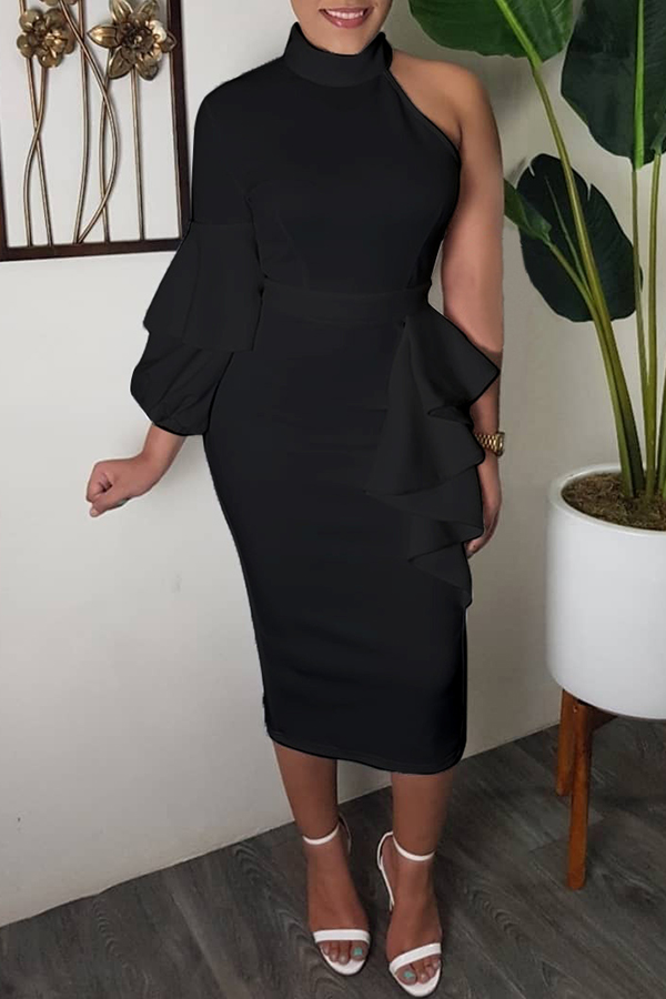 Lovely Sweet Turtleneck Dew Shoulder Flounce Black Mid Calf Dress