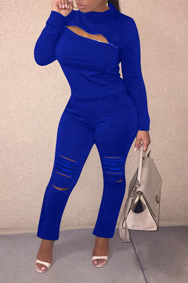 Cheap Two-piece Pants Set Lovely Trendy Zipper Design Royal Blue Two