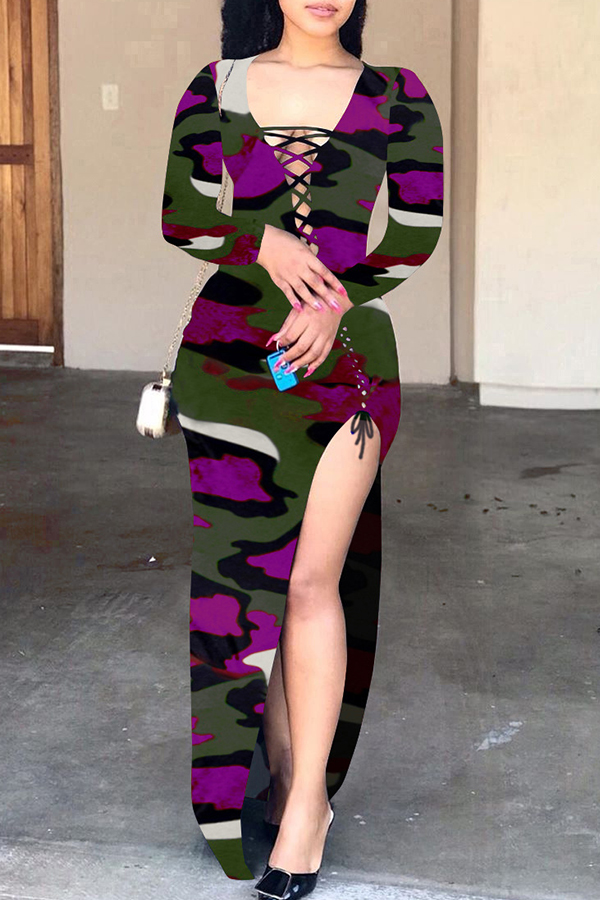 

Lovely Trendy Bandage Design Camouflage Printed Purple Floor Length Dress
