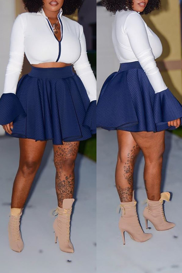 

Lovely Casual Zipper Design Blue Two-piece Skirt Set