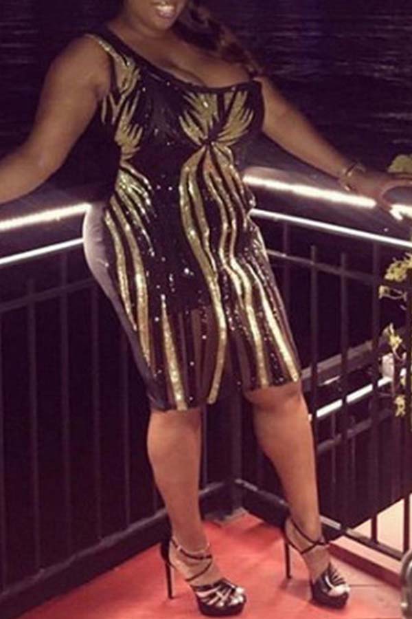 

Lovely Casual O Neck See-through Black Knee Length Plus Size Dress