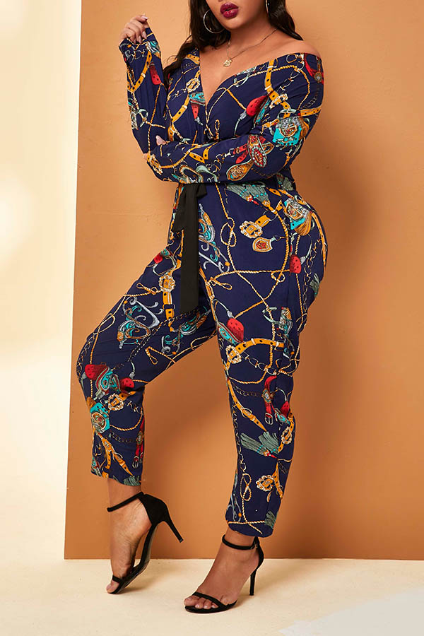 

Lovely Trendy V Neck Printed Dark Blue Plus Size One-piece Jumpsuit